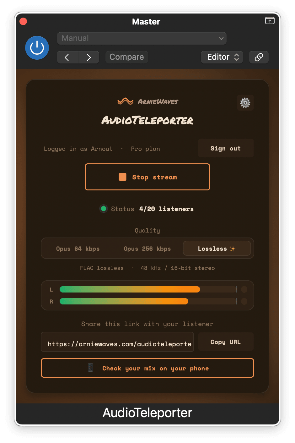 AudioTeleporter plug-in moving a DAW mix to a remote listener